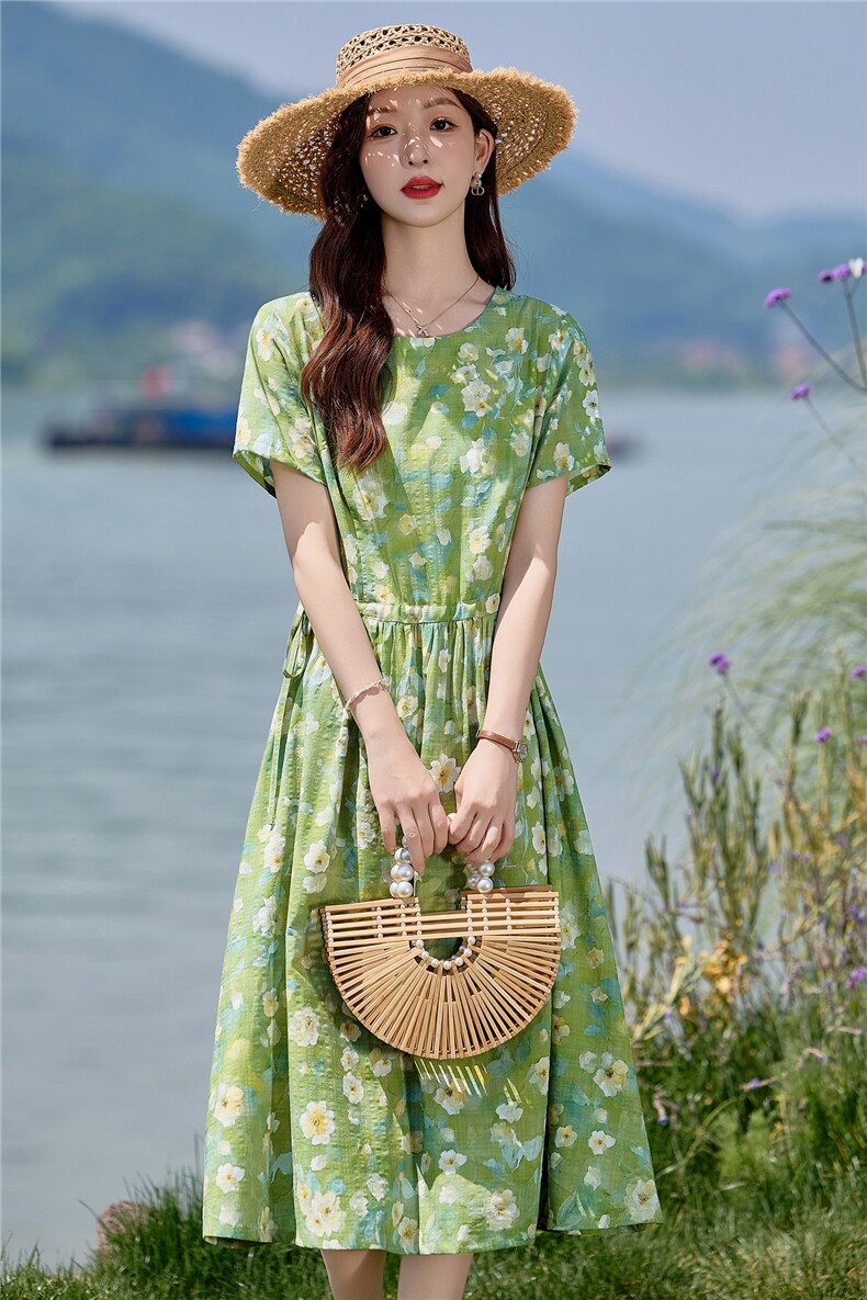 时尚碎花棉麻短袖连衣裙女夏2026新款收腰显瘦度假风休闲气质裙子,女装连衣裙,倪叶myz