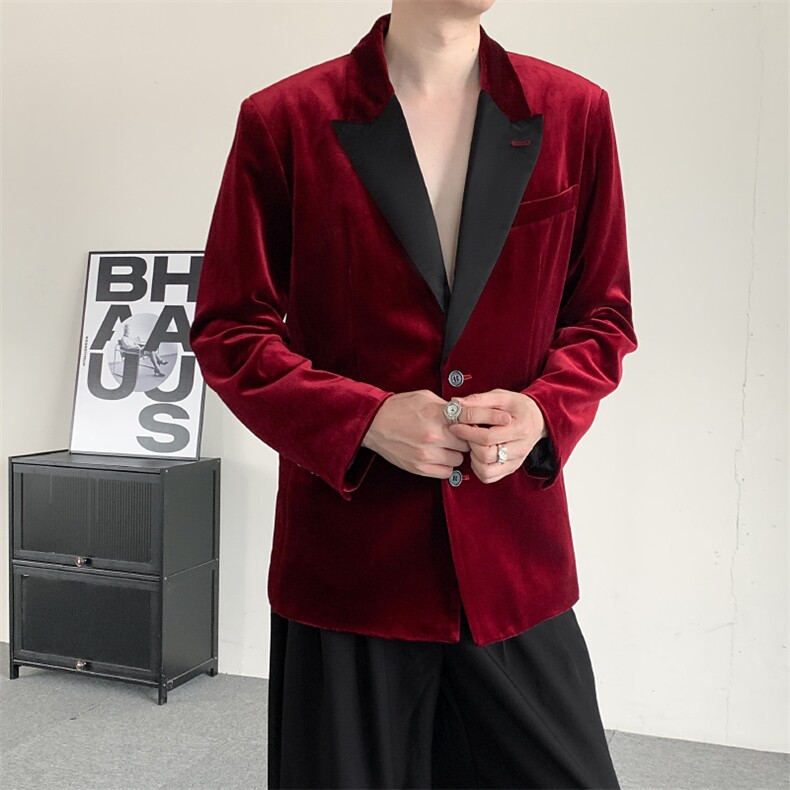 秋装2025酒红色轻奢丝绒西装戗驳领宴会礼服男西装主持人结婚外套,男装西服,星座909