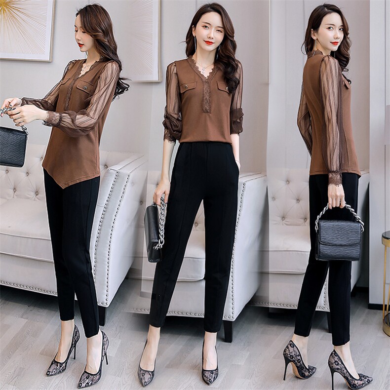2021春装新款时尚女装套装优雅气质长袖上衣配高腰显瘦裤，女装套装/套裙，依如秀(原杭风阁)