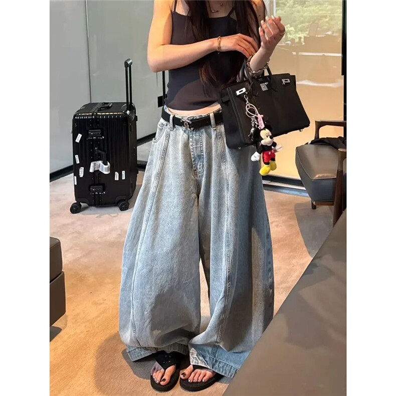 小个子美式复古浅色阔腿牛仔裤女辣妹宽松显瘦直筒裤休闲拖地长裤，男装牛仔裤，星座506A