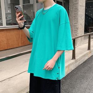 DX60P38港风开叉排扣短袖青少年学生百搭休闲宽松T恤,白色刺绣搭配什么裤子图片