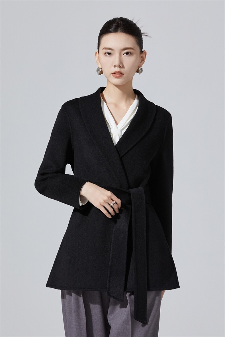 新款时尚女士青果领短款百搭简约100羊毛大衣,女装毛呢外套,高哲羊绒