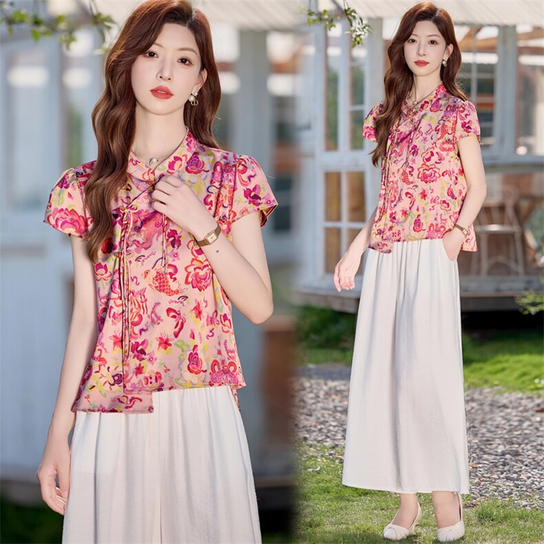 新中式国风套装女夏季新款时尚印花流苏盘扣旗袍上衣阔腿裤两件套，女装套装/套裙，木橙西子
