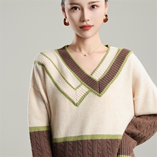 时尚女士双V领宽松羊毛衫百搭显瘦休闲针织毛衣，女装羊毛衫，奢优羊绒