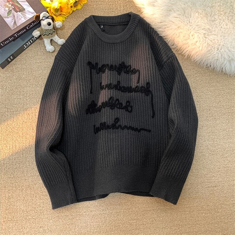 M8561-特P65美式复古撞色圆领加厚毛衣男女情侣打底针织衫图片
