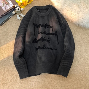 M8561-特P65美式复古撞色圆领加厚毛衣男女情侣打底针织衫图片