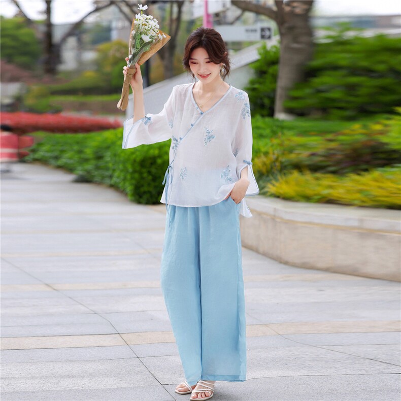 苎麻套装女夏2026新款宽松休闲时尚减龄棉麻阔腿裤两件套,女装套装/套裙,鑫源服饰