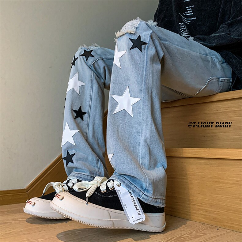 B221美式ins高街小众五角星假破洞小脚牛仔裤LK23027-P65控88,男装牛仔裤,电商B221