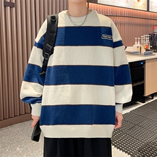 港风秋款男圆领套头毛衣条纹拼色贴标针织衫外套M5641P50，男装针织衫/毛衣，星座1013-1