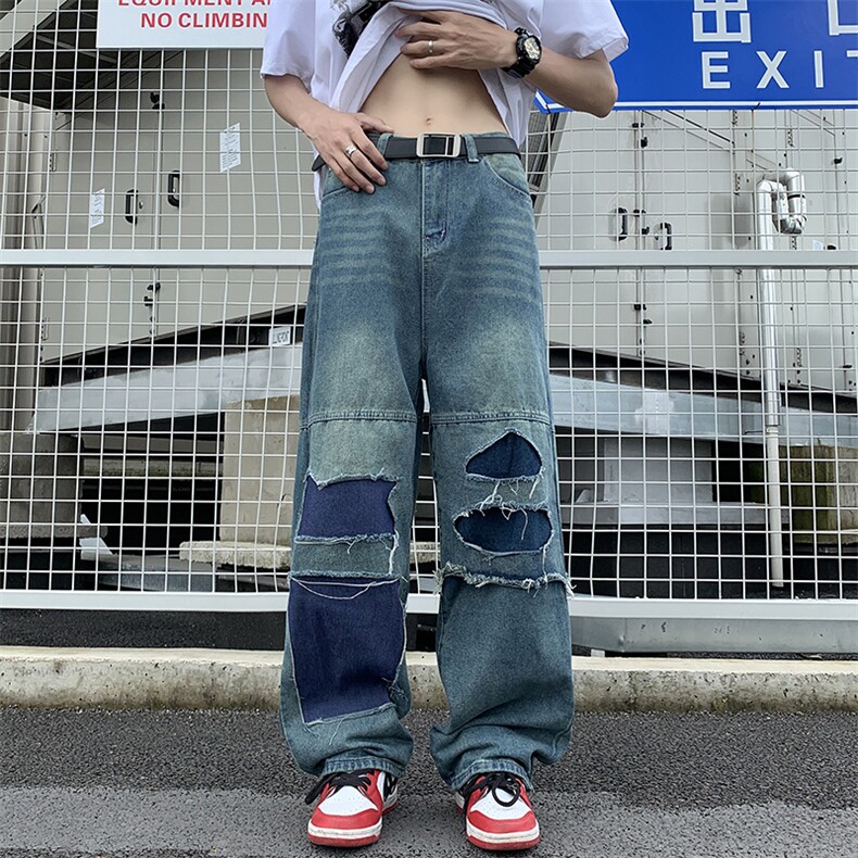 港风夏款男牛仔裤补丁破洞渐变色宽松直筒长裤NK03P60,男装牛仔裤,星座1013-1