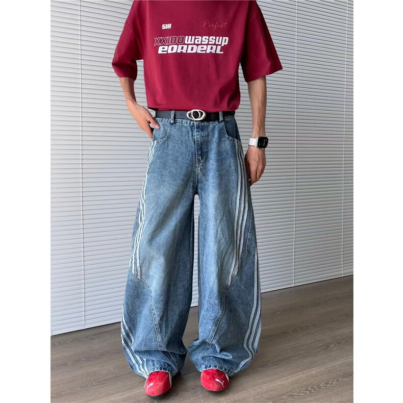 阔腿牛仔裤男女韩版潮流高街条纹拼色2025夏季ins长裤RK2660-P58，男装牛仔裤，星座412-3