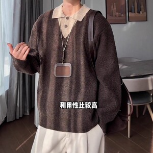 秋冬季翻领毛衣男宽松潮流长袖纯色翻领针织衫图片