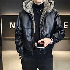 座山雕加绒加厚皮衣连帽外套男士皮毛一体PU皮棉衣B328-6651-P215，男装皮衣，电商B328