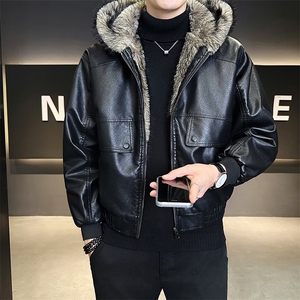 座山雕加绒加厚皮衣连帽外套男士皮毛一体PU皮棉衣B328-6651-P215图片