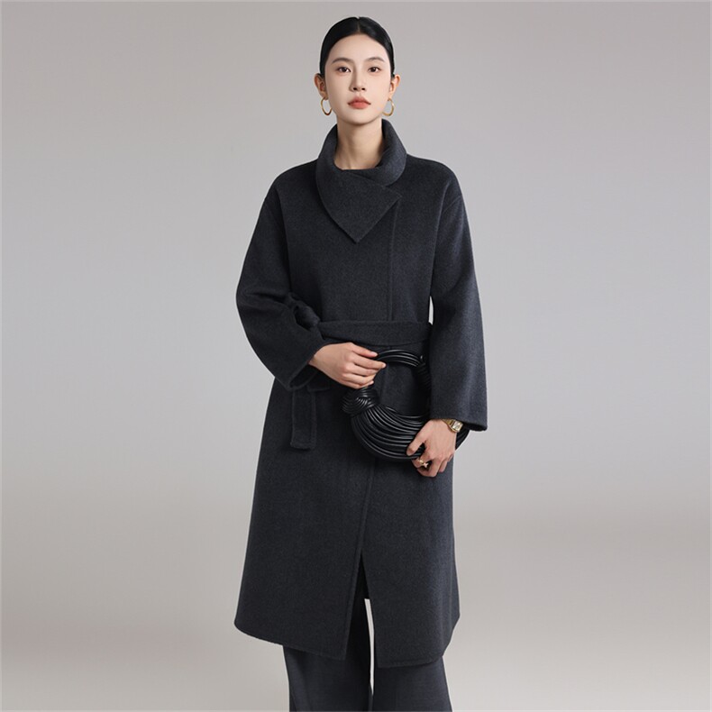 2025年秋季新款百搭女士系绳POLO领羊绒大衣,女装双面呢大衣,鹿展羊绒大衣