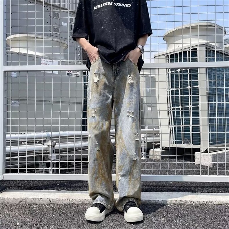 磨洗做旧dirtyfit牛仔裤男宽松垂感拖地复古裤子废土风NTG36,男装牛仔裤,星座1116A-1（原606A）
