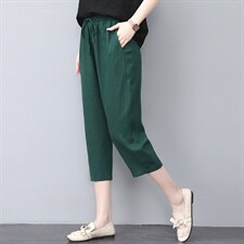 棉麻七分裤薄款2024新款裤子女中老年妈妈装夏季松紧腰直筒休闲裤，女装休闲裤，涵誉