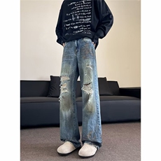 港风秋款男破洞牛仔裤渐变色脏脏裤直筒宽松长裤NK173P55，男装牛仔裤，星座1013-1