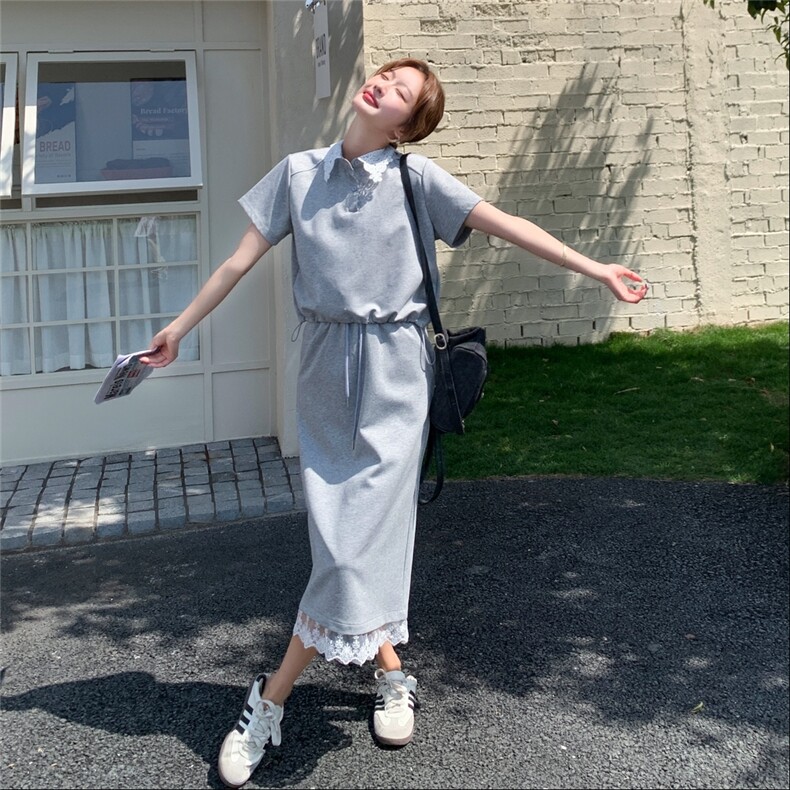 蕾丝灰色薄款短袖卫衣半身裙套装女夏2025新款两件套大方得体穿搭,女装套装/套裙,2D148