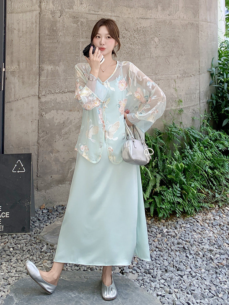 新中式国风优雅套装女2025夏季新款复古绣花长袖防晒吊带裙两件套，女装套装/套裙，浙宝192（原082）