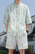2025春季新款男装风冰丝印花盘扣唐装套装短袖+短裤A106-P80，男装休闲套装，电商B277(原6028)