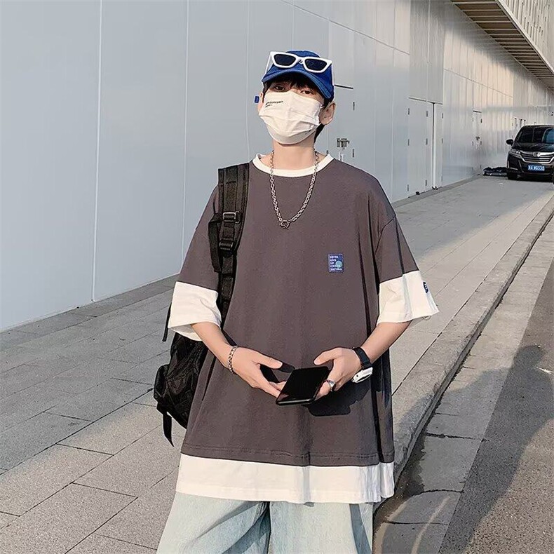 夏季港风假两件短袖T恤男宽松痞帅百搭休闲五分袖上衣,男装T恤,星座410-7
