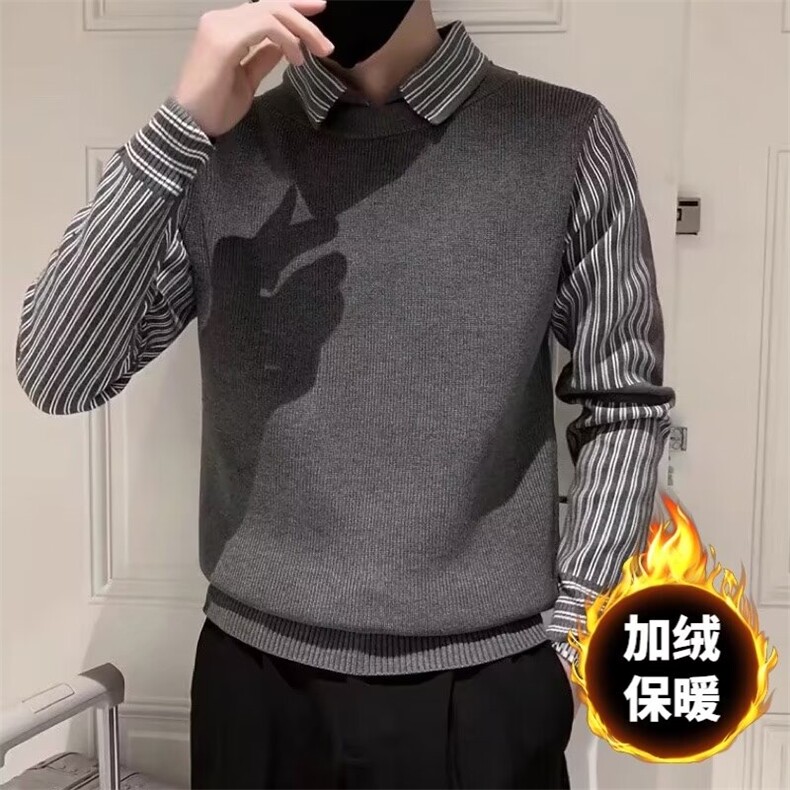 假两件条纹翻领毛衣男韩系秋冬加绒加厚打底修身衬衫针织衫,男装针织衫/毛衣,星座1116A-2（原606A-1）