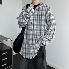 廓形防晒衬衫男夏季长袖冰丝薄款亚麻格子衬衣开衫外套CS29006P50，男装衬衫，电商B312