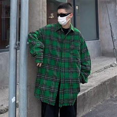 美式复古格子长袖衬衫男潮牌宽松设计百搭高街衬衣外套，男装衬衫，星座716-3