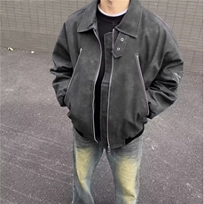 美式金属装饰PU皮衣夹克男女宽松机车服飞行员皮外套W6473-P65，男装夹克，星座412-1