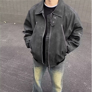美式金属装饰PU皮衣夹克男女宽松机车服飞行员皮外套W6473-P65图片