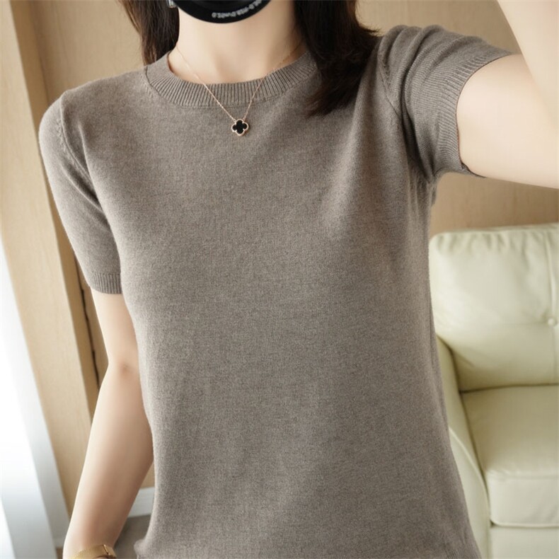 时尚百搭纯棉圆领短袖针织衫简约修身显瘦女装毛衣,针织衫/毛衣,桦兴羊绒