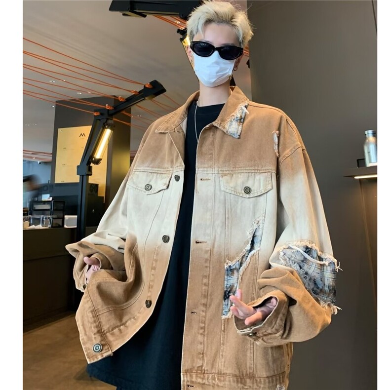 复古拼接牛仔外套男秋季小众设计感破洞宽松长袖夹克衣JK7142-P85图片