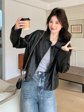 甜酷复古PU皮衣外套女2025早春新款黑色小翻领蛋白皮小个子上衣，女装皮衣，浙宝285（原212）
