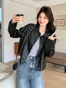甜酷复古PU皮衣外套女2025早春新款黑色小翻领蛋白皮小个子上衣图片