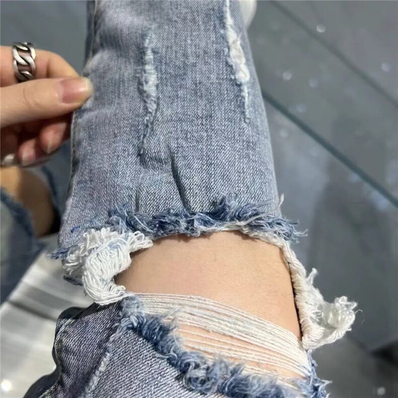2025春夏季新款乞丐牛仔裤男浅蓝色破洞修身休闲裤水洗设计感,男装牛仔裤,星座218-1（原230）