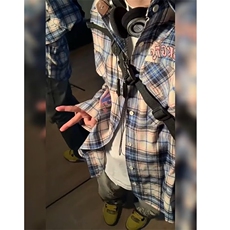 美式格子衬衫男女潮牌宽松字母刺绣情侣装外套CS263-P40，男装衬衫，星座208-5