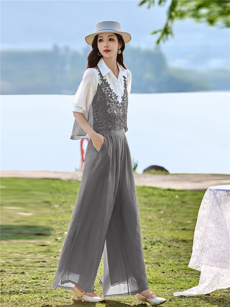 时尚洋气蕾丝拼接套装女2026夏季新款宽松遮肉显瘦阔腿裤两件套,女装套装/套裙,魅影
