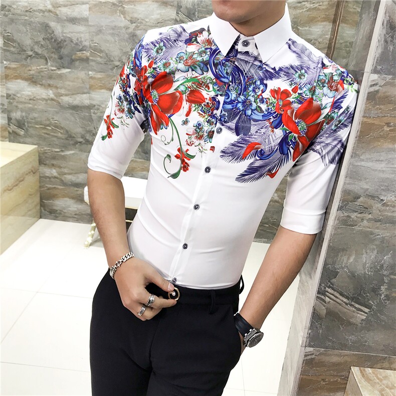 2021新款男士个性花衬衫修身七分袖夜店发型师衬衣工作服D449,男装衬衫,星座419（原A233）