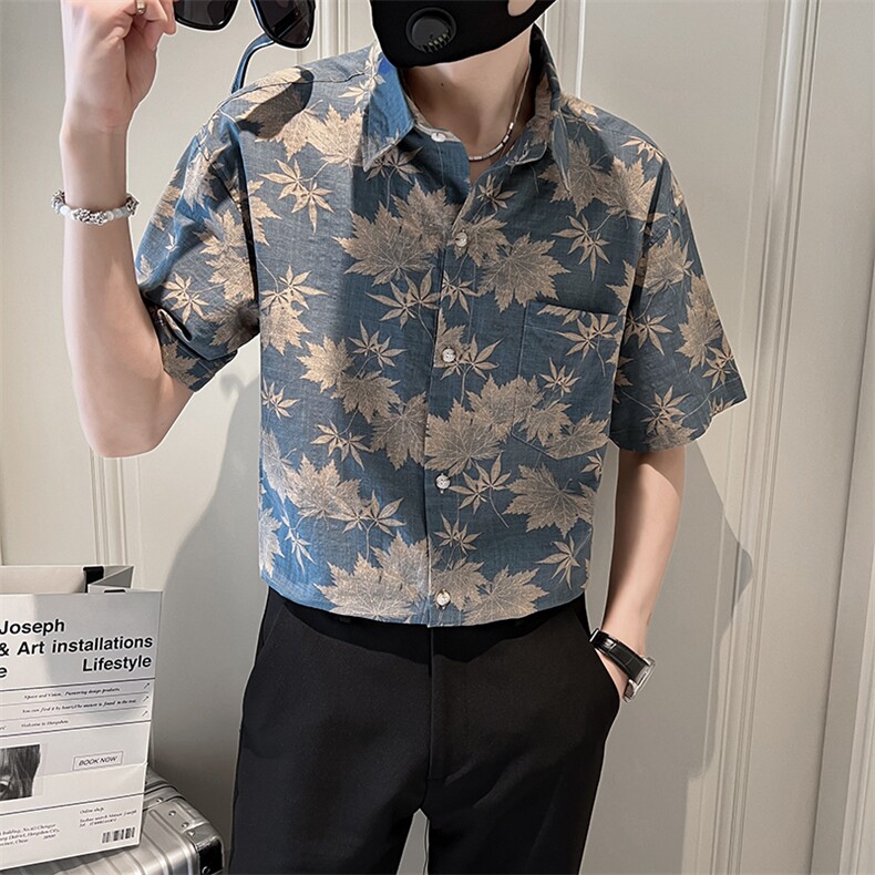 新品 树叶花短袖衬衫男装宽松社会小伙衬衣潮牌TZ98P5078图片