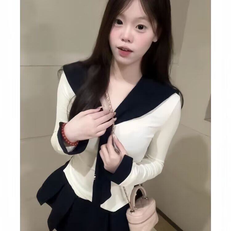 秋季海军领披肩长袖T恤女修身显瘦撞色减龄jk制服学院风长袖上衣,男装T恤,星座1210-1