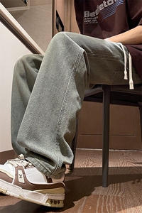 微喇渐变牛仔裤男女同款抽绳美式设计感休闲裤1809-P40 限价79图片