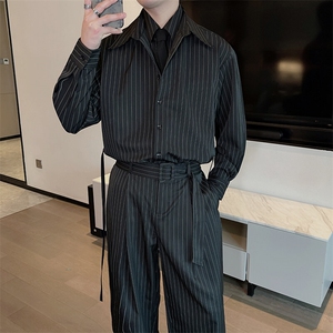 春季网红真两件拼接条纹衬衫男长袖痞帅阔腿裤两件套装TZ272-P160图片
