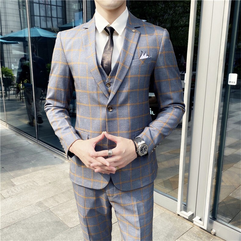 2025新款格子商务休闲三件套装西服1909-P210,男装西服,星座311B