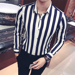 YC009-Q潮男宽条纹长袖衬衫夜店酒吧休闲衬衫衬衣理发师工作服图片