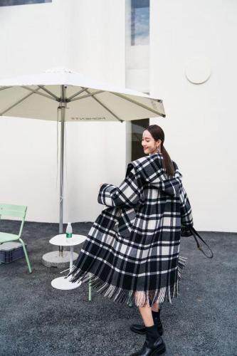 冬季新款黑白大格纹流苏双面呢大衣，女装，AUDREY WANG