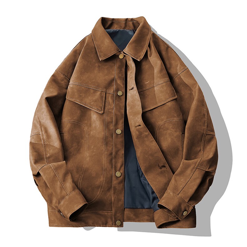 春季机车男士皮衣潮按扣夹克情侣款外套翻领青年A266-PY009-P100，男装皮衣，电商A266