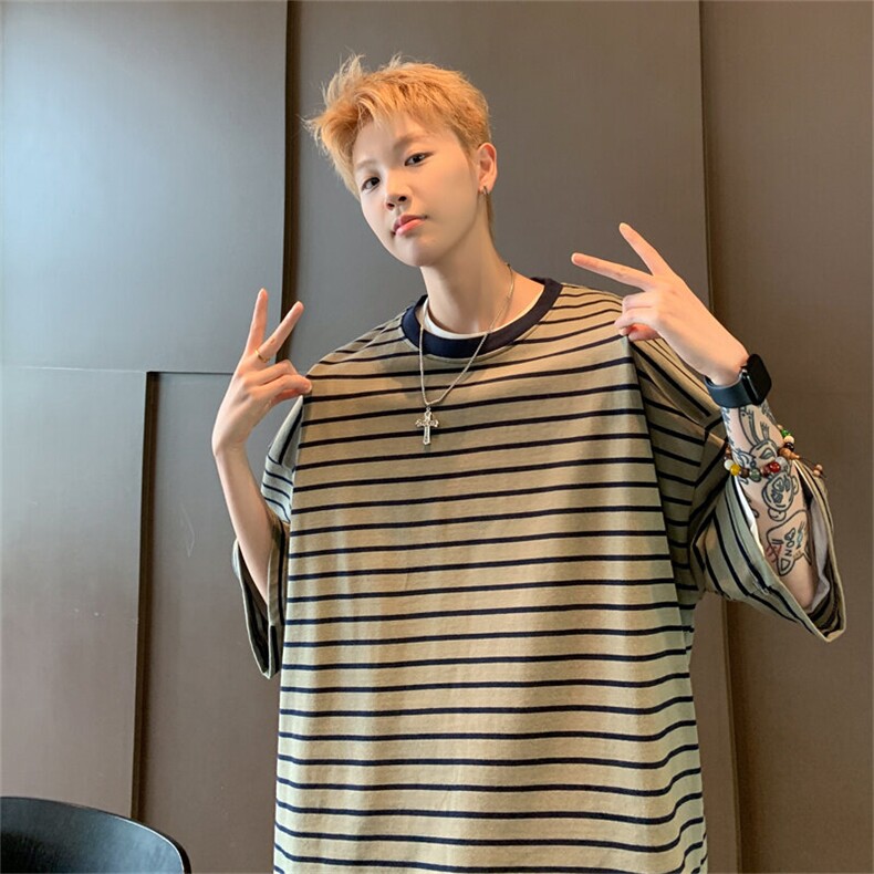 DA160-P40新款复古条纹重磅圆领T恤男女宽松百搭休闲简约短袖,男装T恤,星座603-2