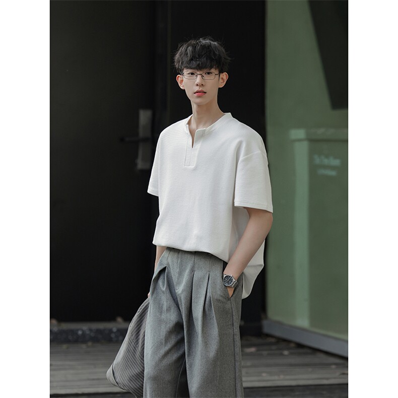 韩系简约小V领肌理T恤cityboy风落肩情侣短袖HY927TP28控49,男装T恤,电商A102B