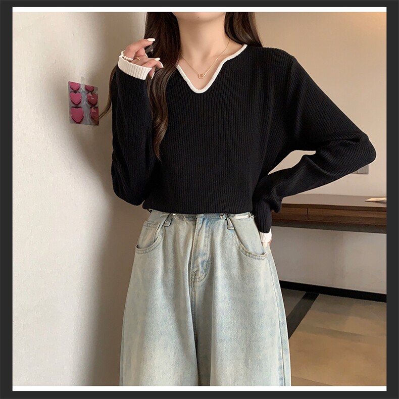 2025年秋季新款撞色领边针织上衣百搭时尚，女装针织衫/毛衣，佳弈羊绒